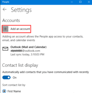 Add an account people app windows 10