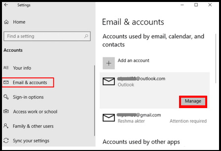 Email & Accounts setting Windows 10