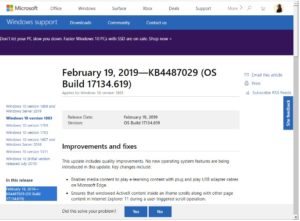 Microsoft Cumulative Update Dated 19 February 2019 for Windows 10