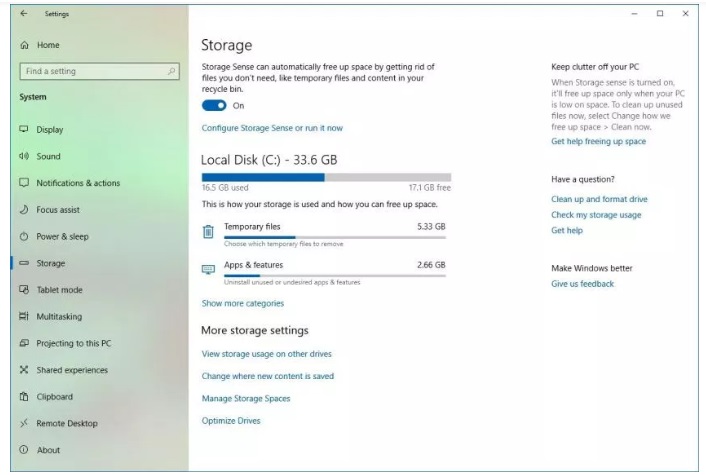 storage settings in windows 10 updates