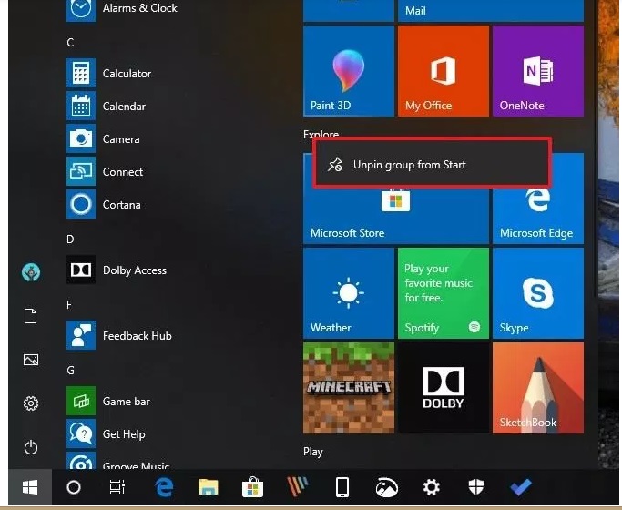 unpin group in Windows 10