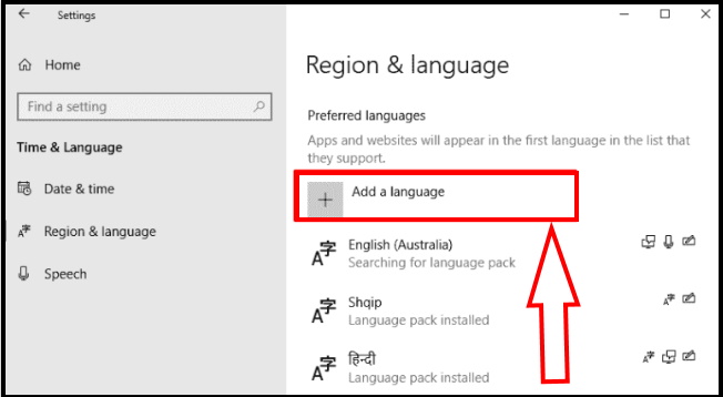 Add a language windows 10