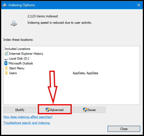 indexing options windows 10