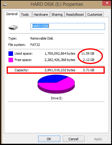 hard drive showing wrong capacity windows 10