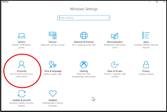 Account settings windows 10