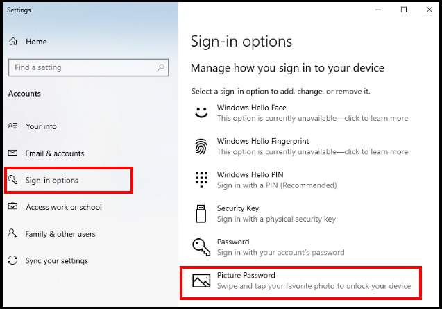 sign in option windows 10