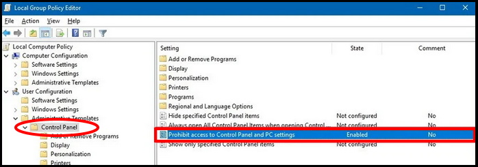 disable control panel setting