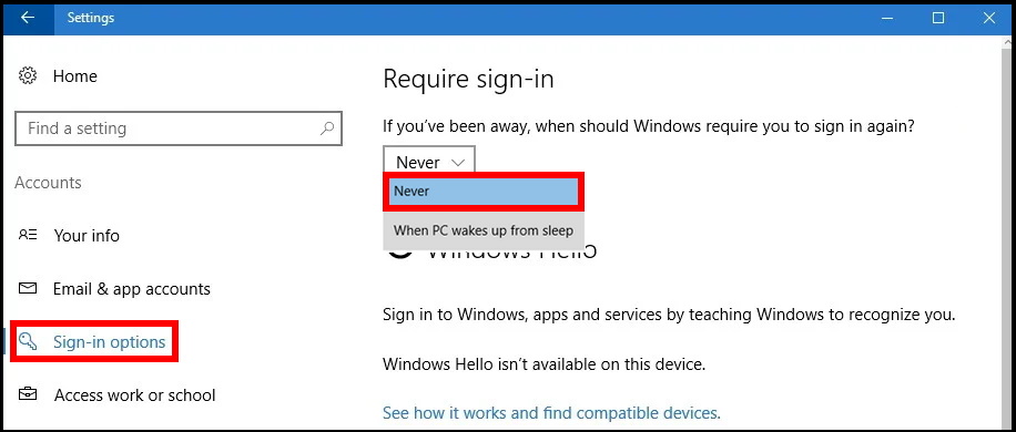 How to disable password when PC wakes up from sleep in windows 10