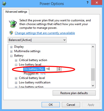 Tips: Change remaining Battery level percentage Warning in Windows 10