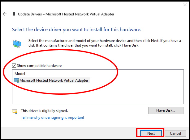 microsoft hosted network adapter could not be found