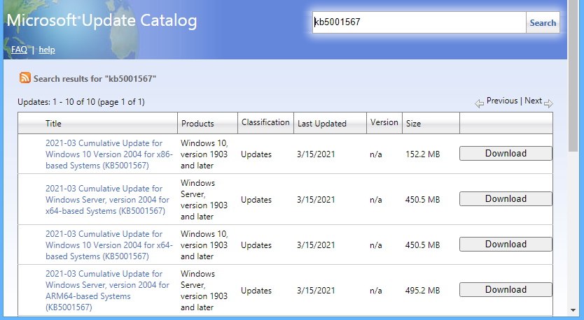 Windows 10 update KB5001567