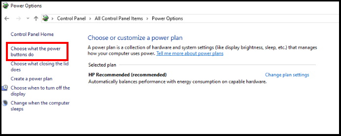 Power option windows 10