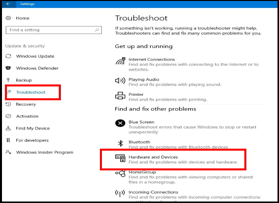 hardware and device troubleshooter