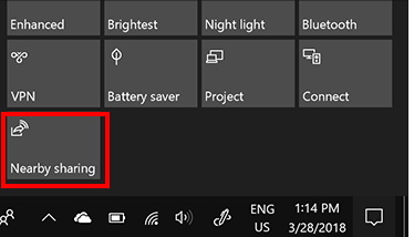 Nearby sharing in action center