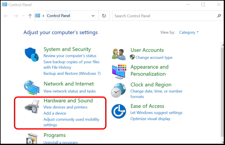 hardware settings control panel windows 10