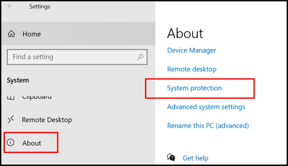 system protection windows 10