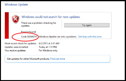 Error code 80244019
