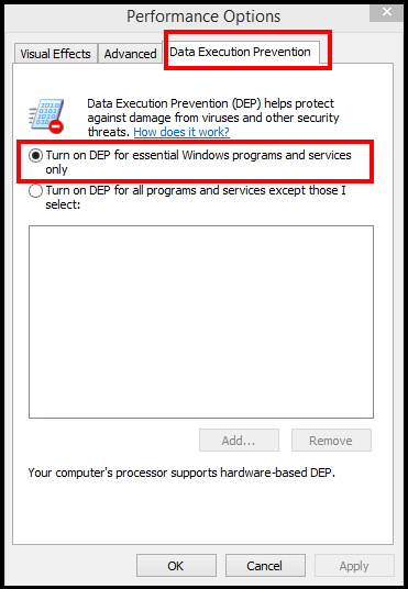 Turn on DEP for essential Windows programs and services only