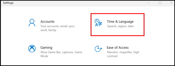 Time and language settings windows 10