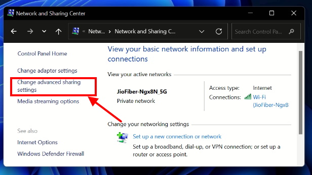 network and sharing center