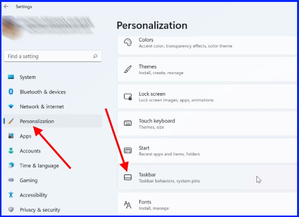 Taskbar in personalization settings