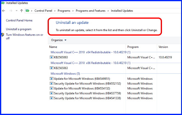 uninstall windows update