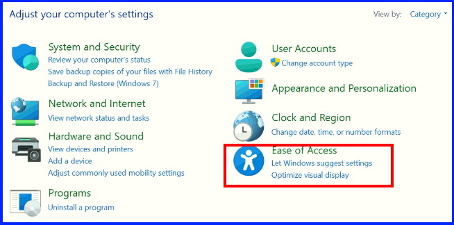 Ease of access settings control panel