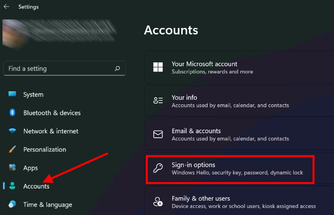 Sign in option Windows 11