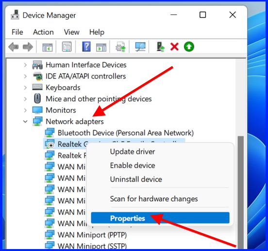 network adapter properties