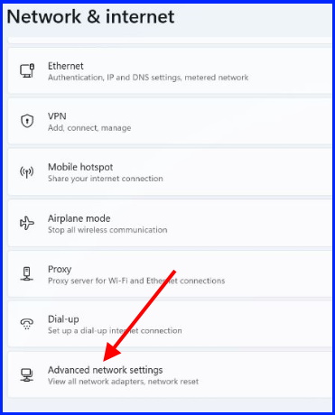 Advance network setting Windows 11